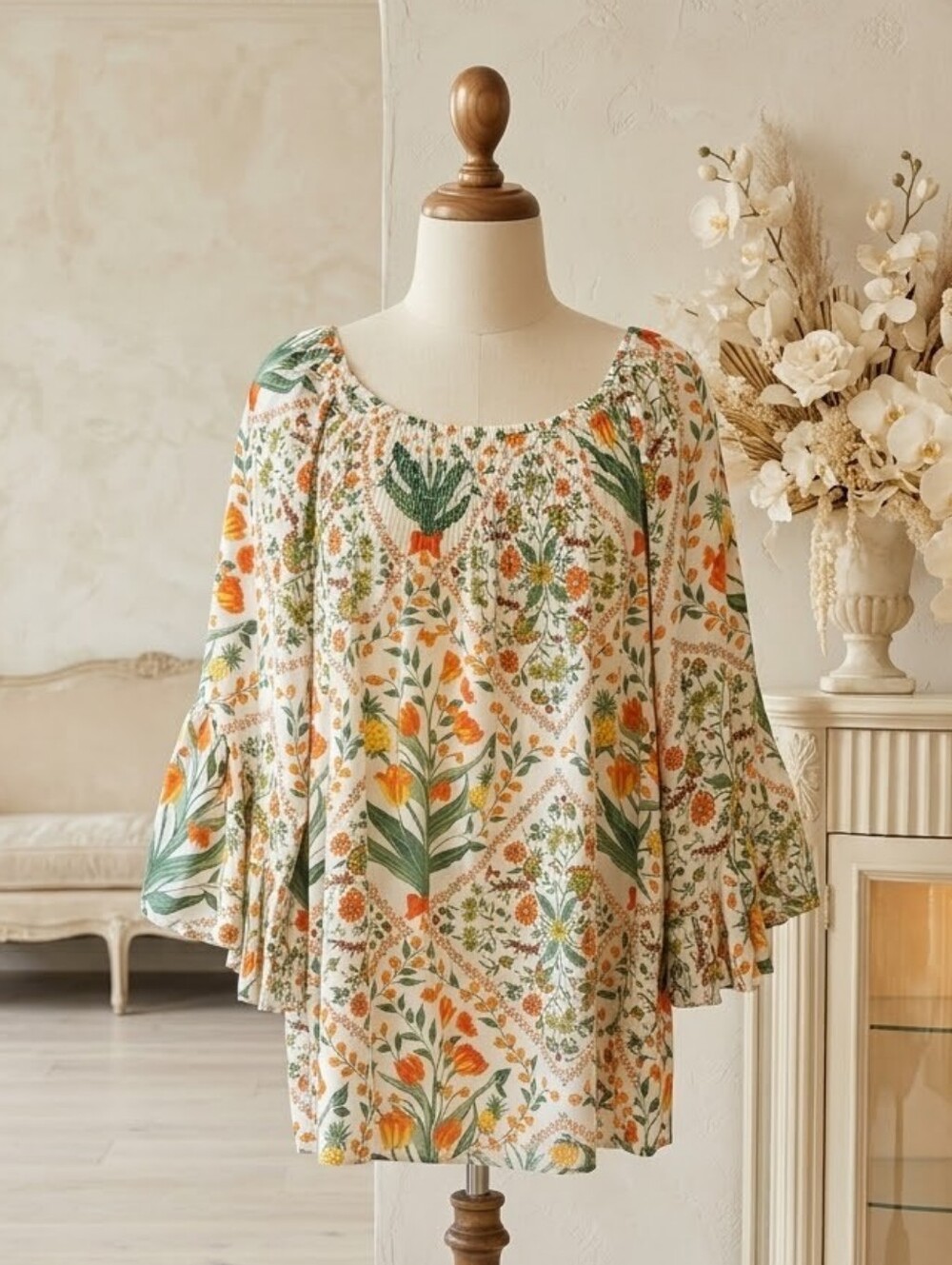 Cato 18/20W White Floral Smocked Blouse